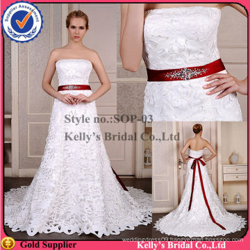 Imported french lace as the mainly fabric & back zipper design with a long and red satin ribbon satin sexy sheath wedding gown